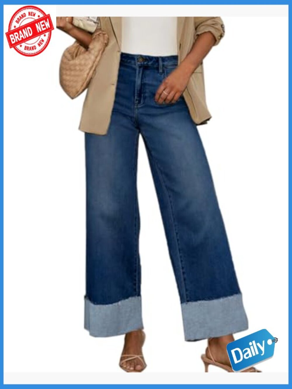 High Waisted Wide Leg Stretch Frayed Hem Boyfriend Jeans - Picture 2 of 5